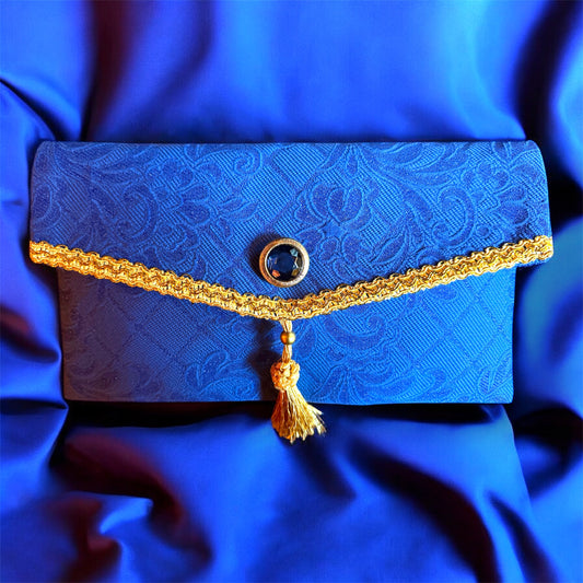 Pochette Couture Blu Jacquard con Dettagli Oro