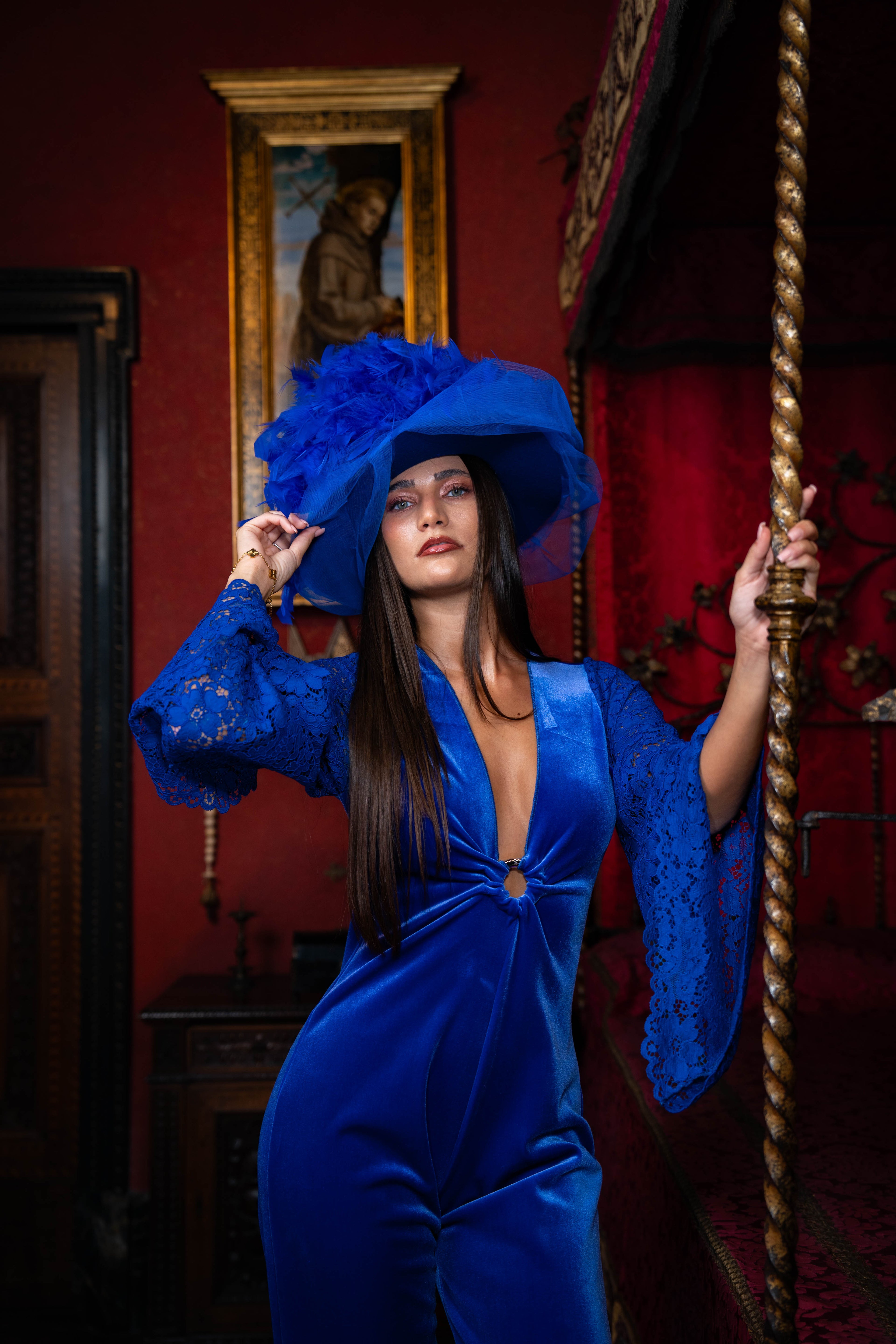 Abito tuta couture in velluto blu zaffiro Angelica 3