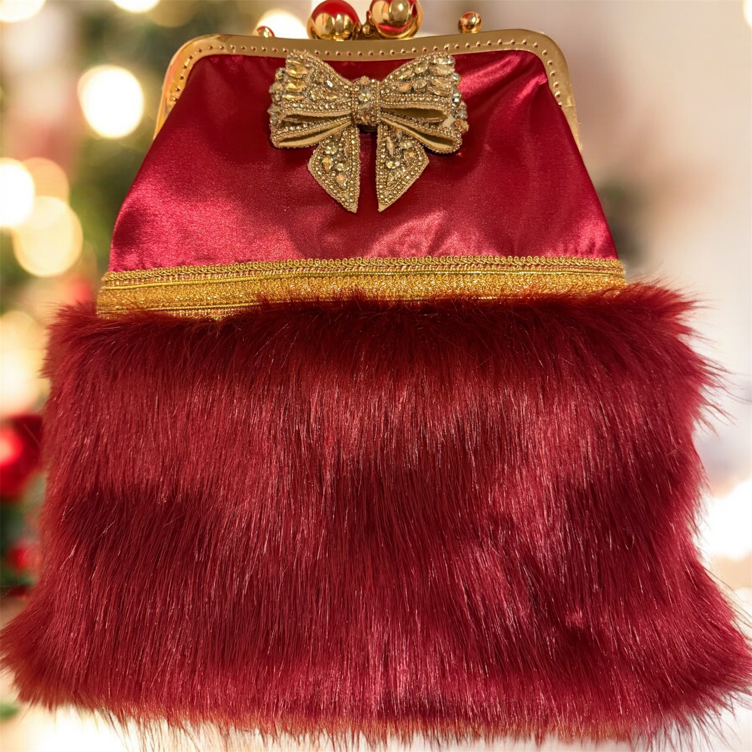 Borsa clic-clac in velluto rosso con fiocco gioiello 3